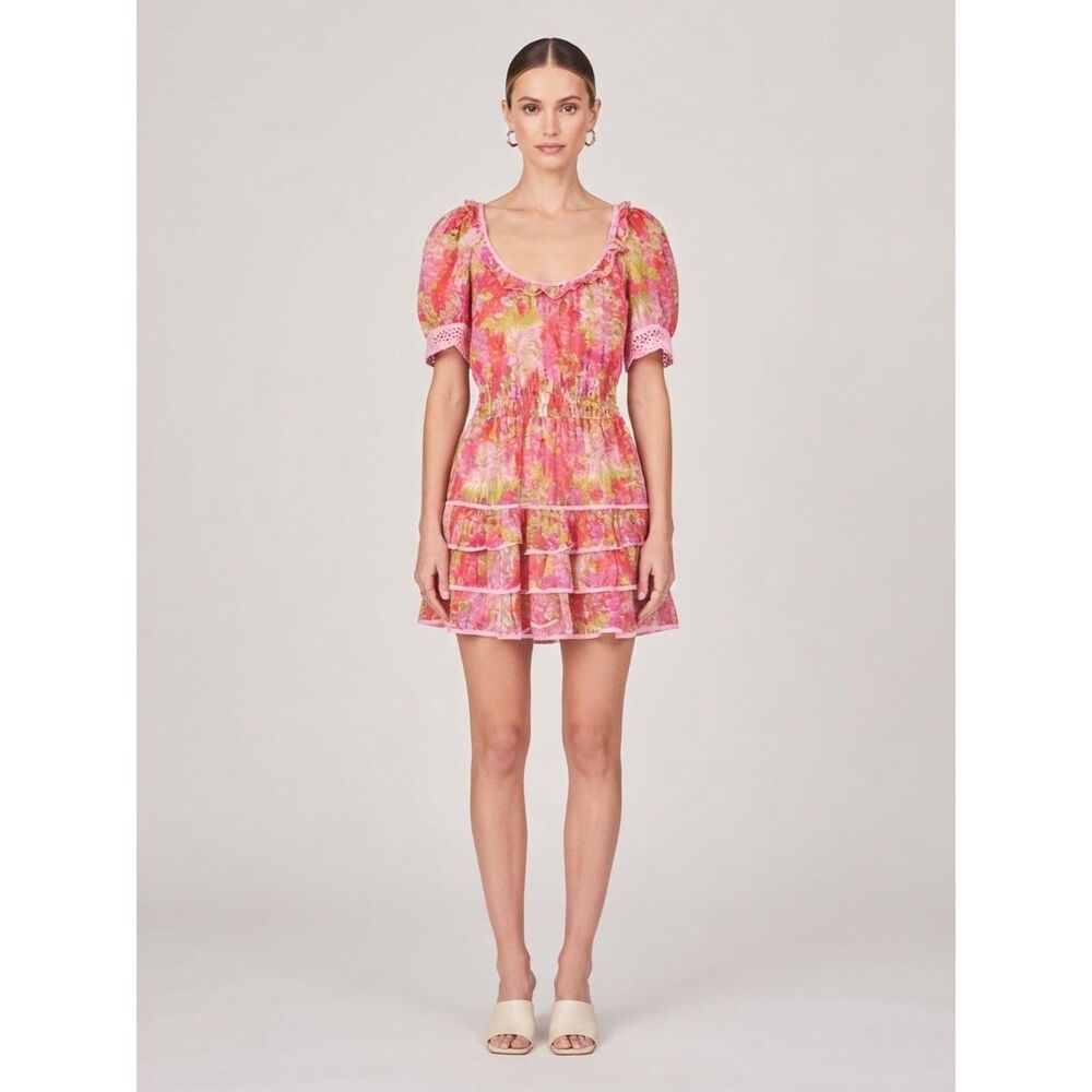 LoveShackFancy Safiya Puff Sleeve Tiered Silk-Blend Dress Medium